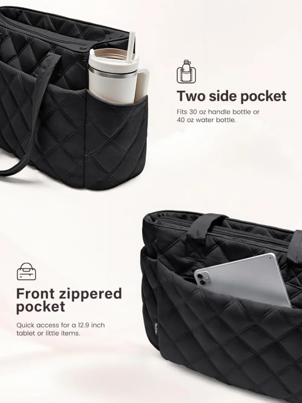 Lightweight Quilted Tote Bag for Women, Puffer Work Bag with Compartments